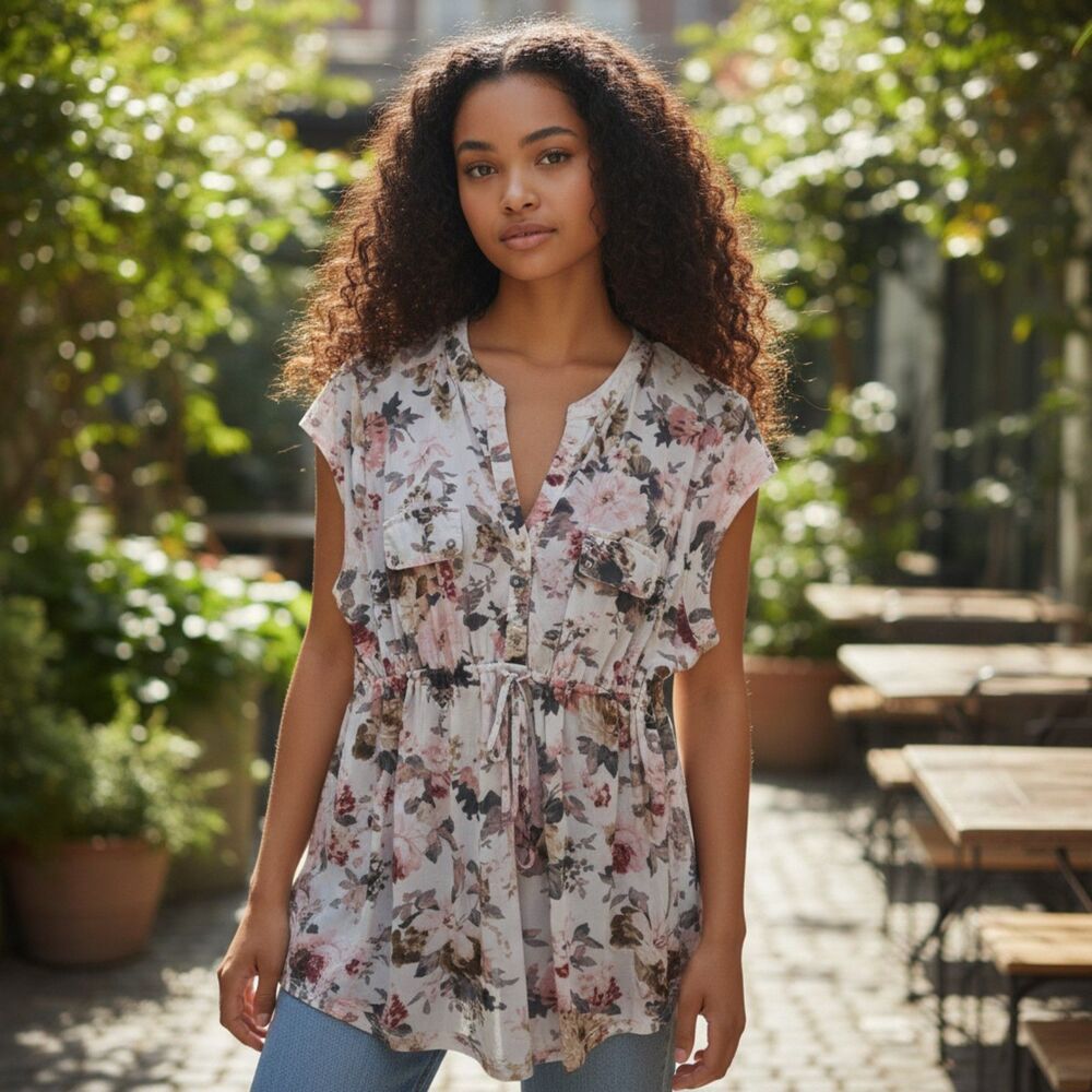 Women Floral Button Blouse • Cottagecore Vibes • Drawstring Waist • Size L